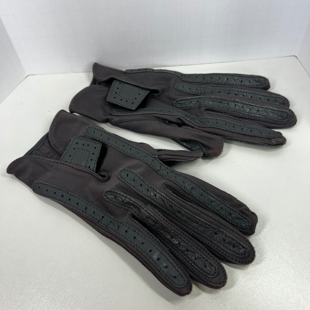 Isotoner by Aris Vintage Gray Driving Gloves Leather Trim Spandex Woman's Medium